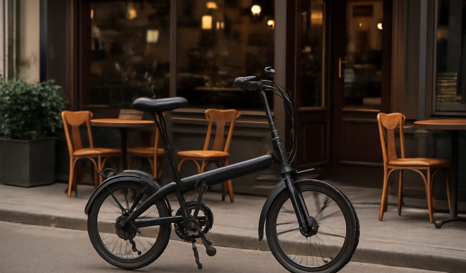 vélo pliant posé devant café en ville