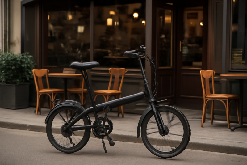 vélo pliant posé devant café en ville