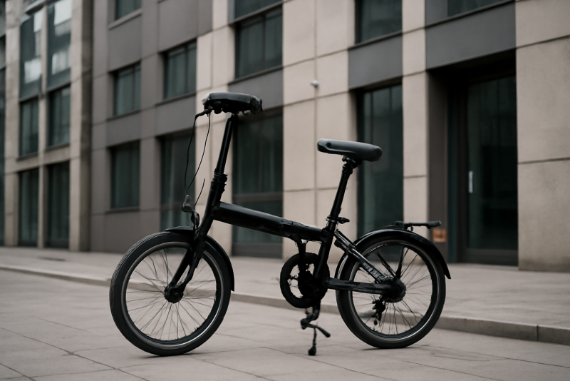 vélo pliant posé devant immeuble urbain