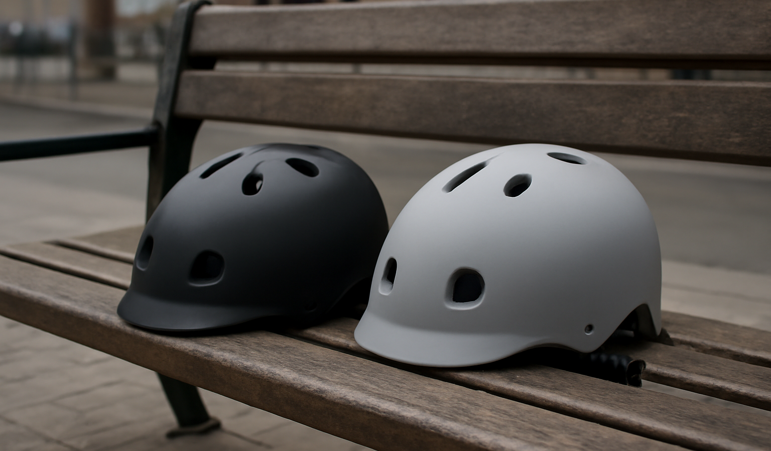 deux casques posés sur un banc urbain