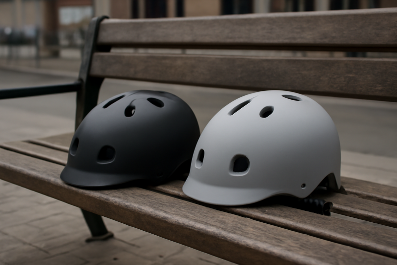 deux casques posés sur un banc urbain