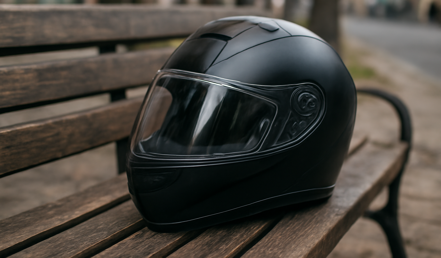 casque integrale pose sur banc urbain