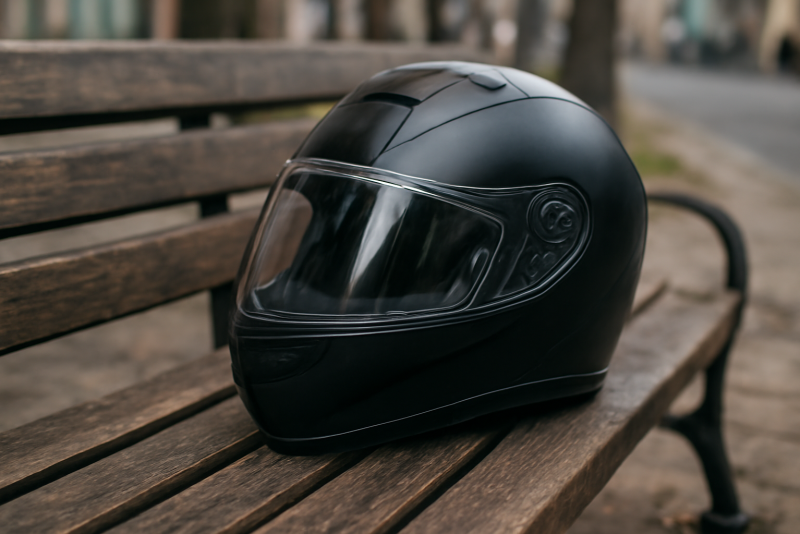casque integrale pose sur banc urbain