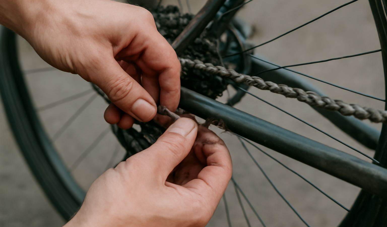 mains ajustant une chaine de velo