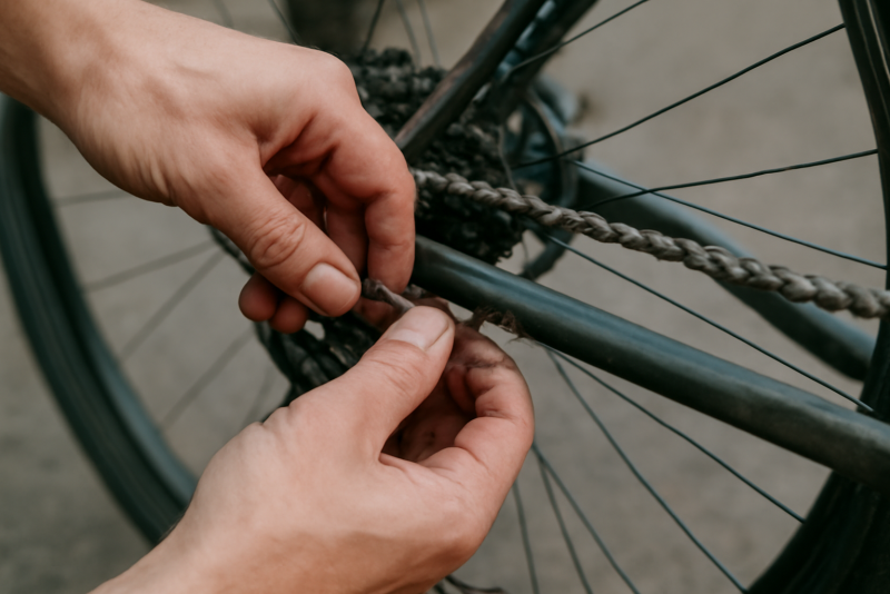 mains ajustant une chaine de velo