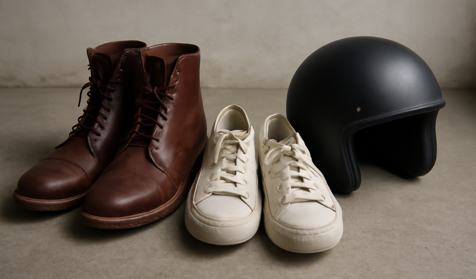 paires de bottes et baskets à côté d'un casque