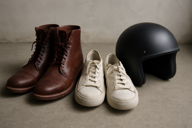 paires de bottes et baskets à côté d'un casque
