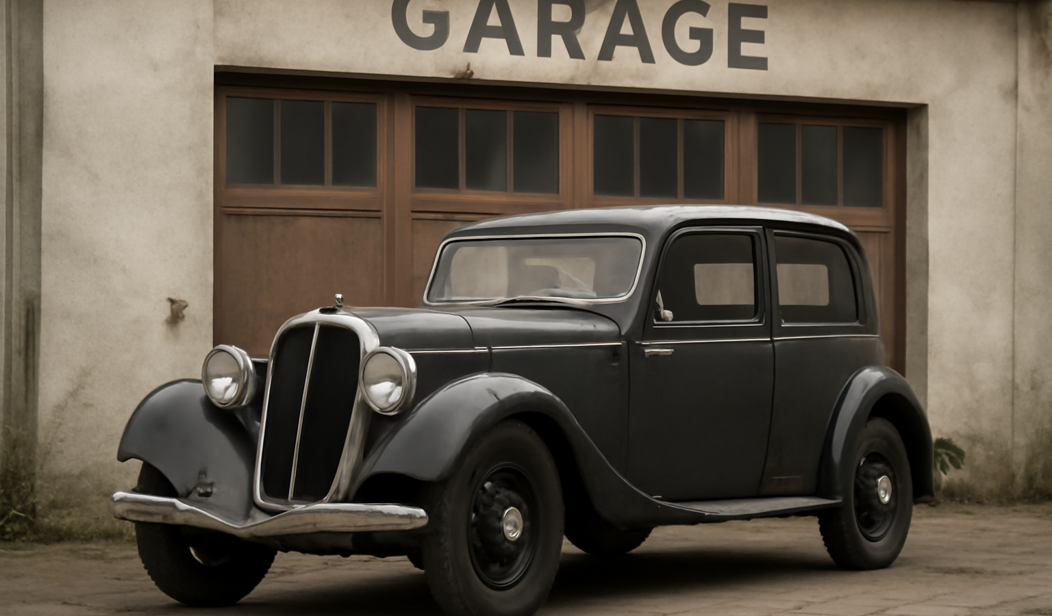 voiture ancienne garée devant garage