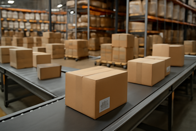 depots colis avec tapis roulant et cartons
