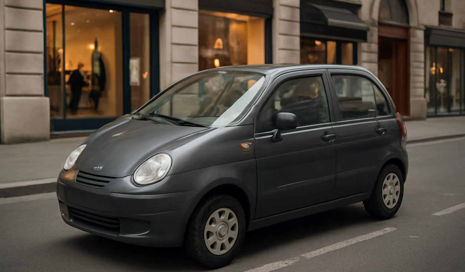 petite voiture garee rue commerçante