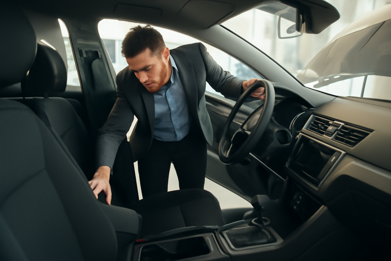 acheteur inspectant interieur et moteur d'une voiture