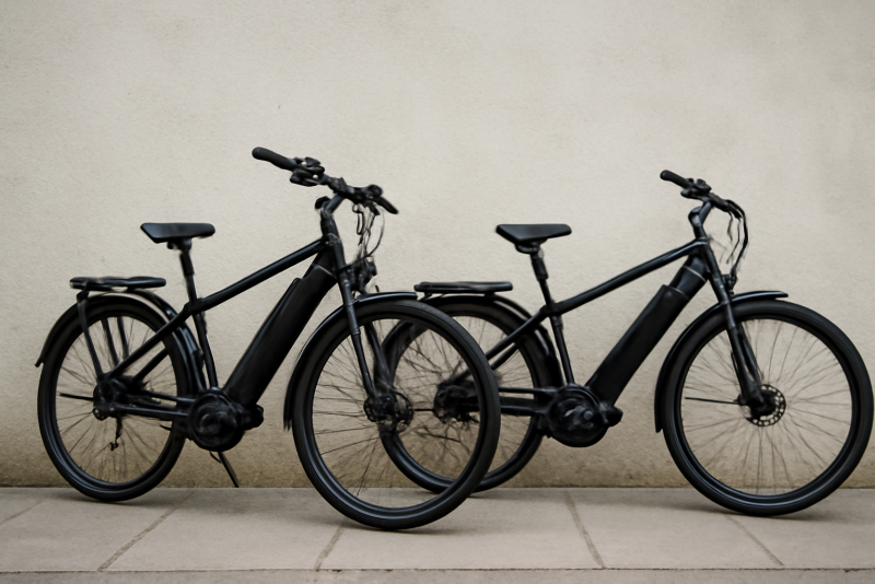 deux velos electriques appuyes contre un mur