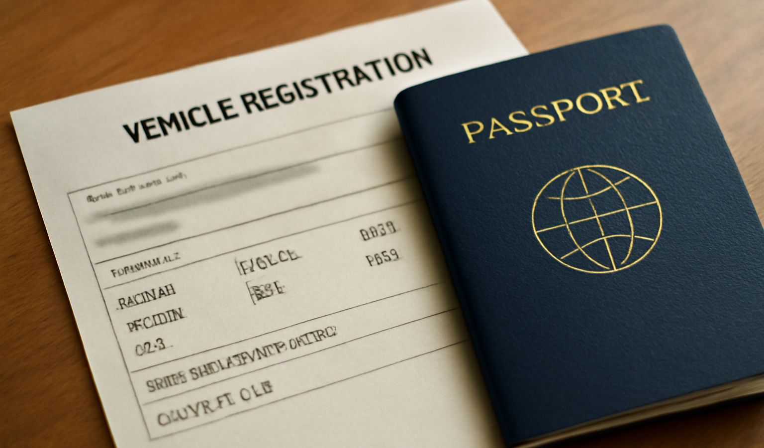 papiers de voiture et passeport posés sur table