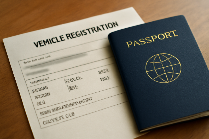 papiers de voiture et passeport posés sur table