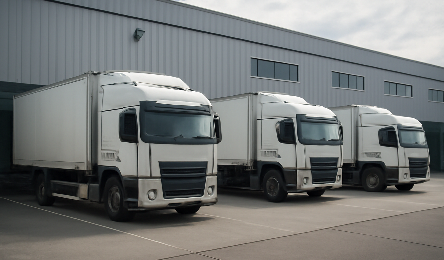 entrepot avec plusieurs camions au quai