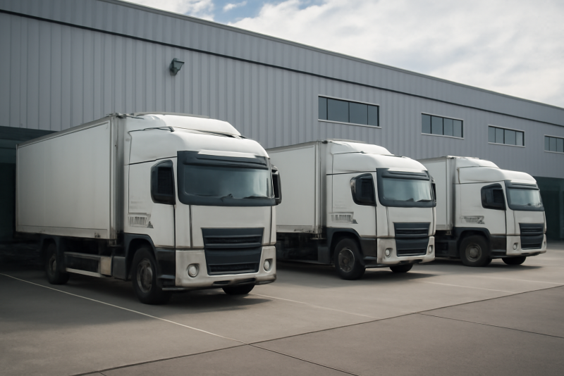 entrepot avec plusieurs camions au quai