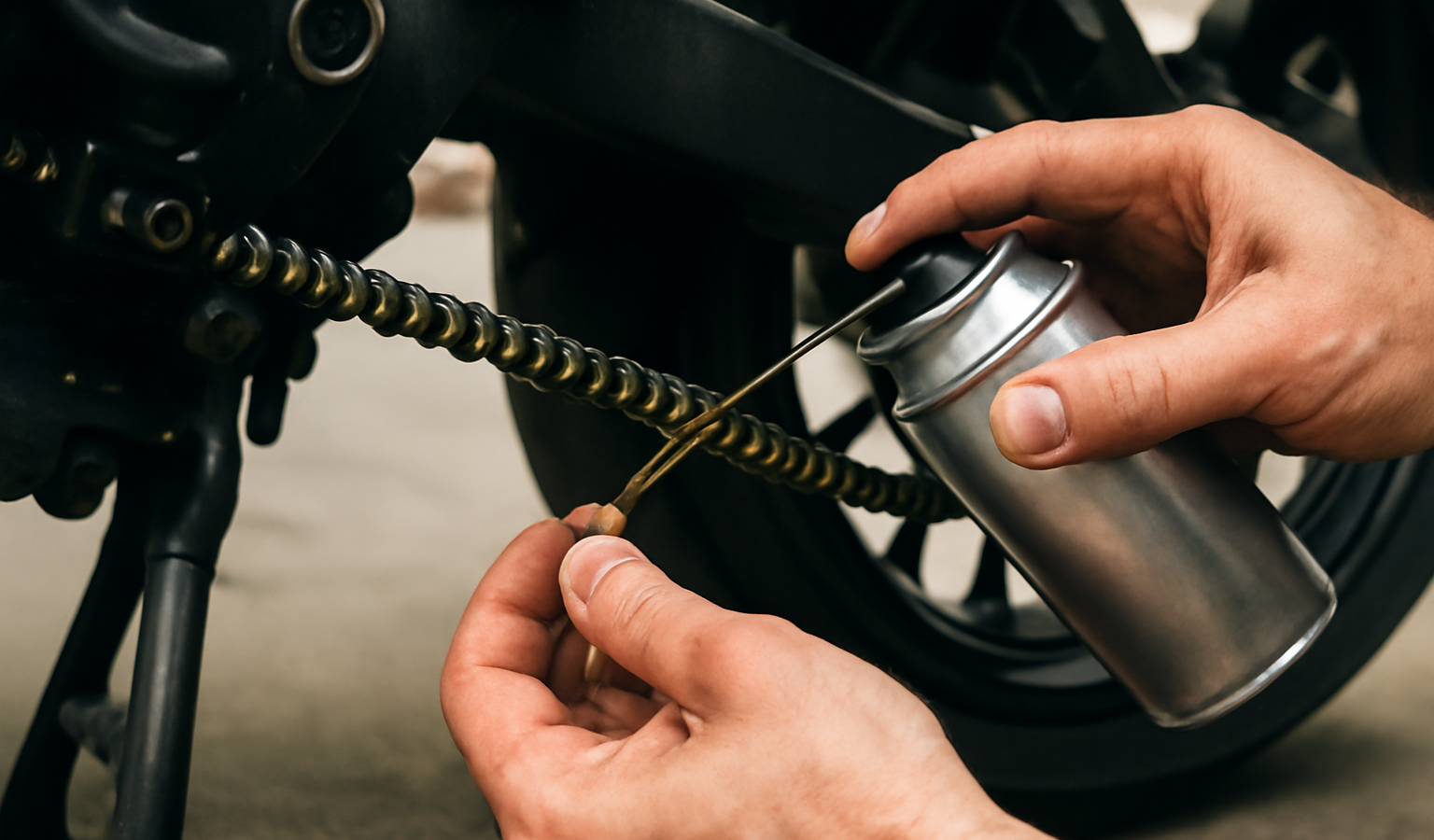 mains huilant une chaine de moto sur béquille