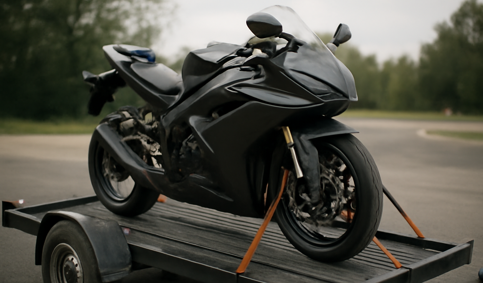 moto sportive sur remorque après sortie