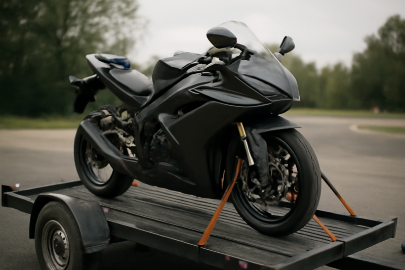 moto sportive sur remorque après sortie