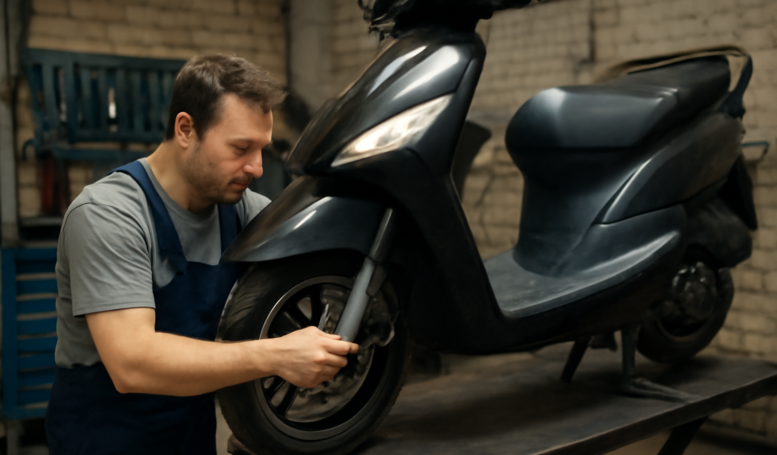 garagiste effectuant controle d'un scooter sur levage