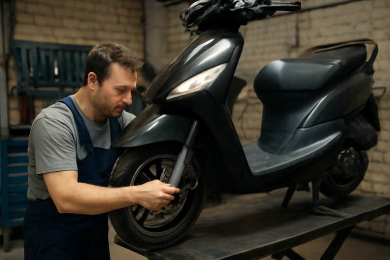 garagiste effectuant controle d'un scooter sur levage