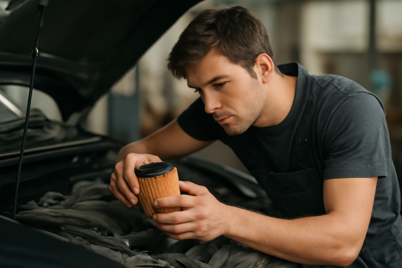 jeune garagiste changeant un filtre voiture