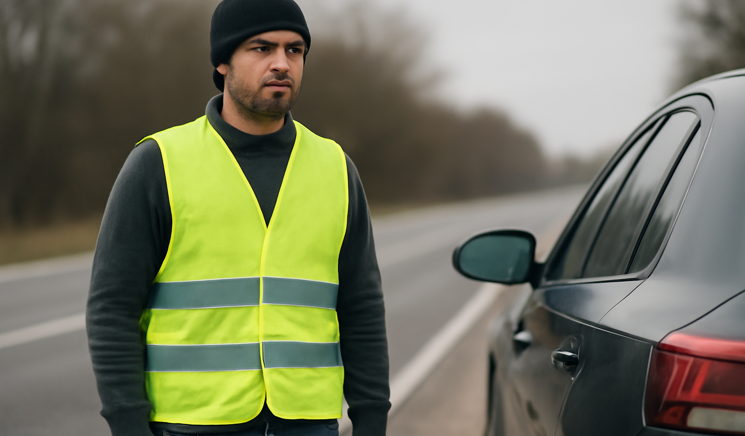 personne portant un gilet reflecteur a cote d'une voiture