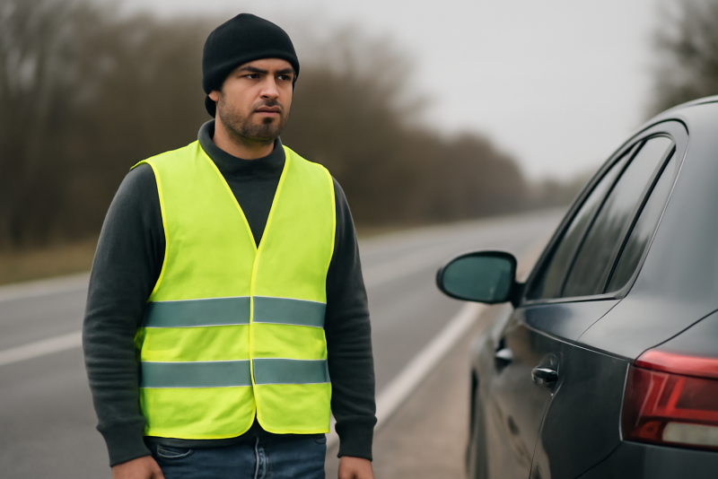 personne portant un gilet reflecteur a cote d'une voiture