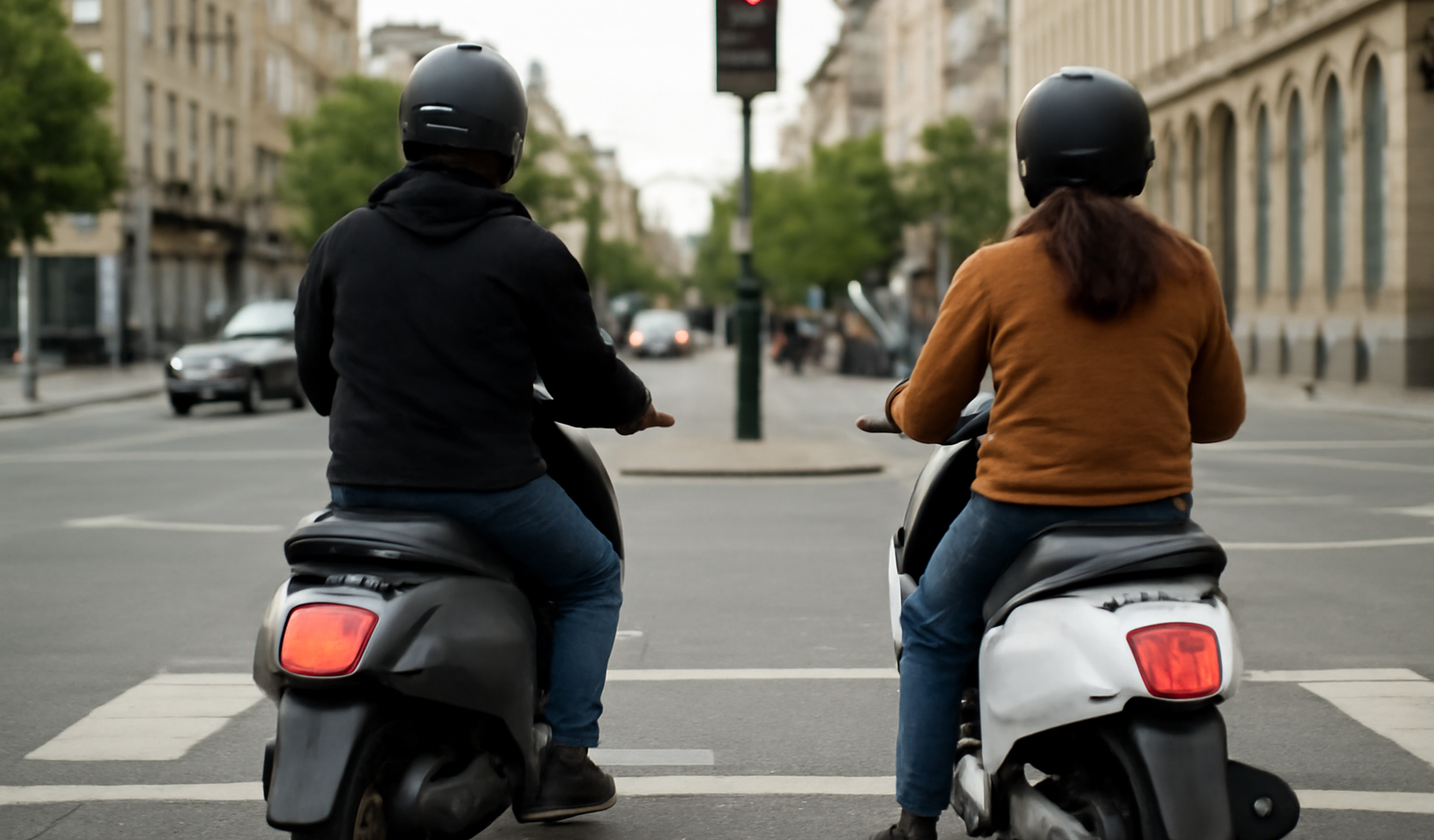 deux scooters en ville au feu