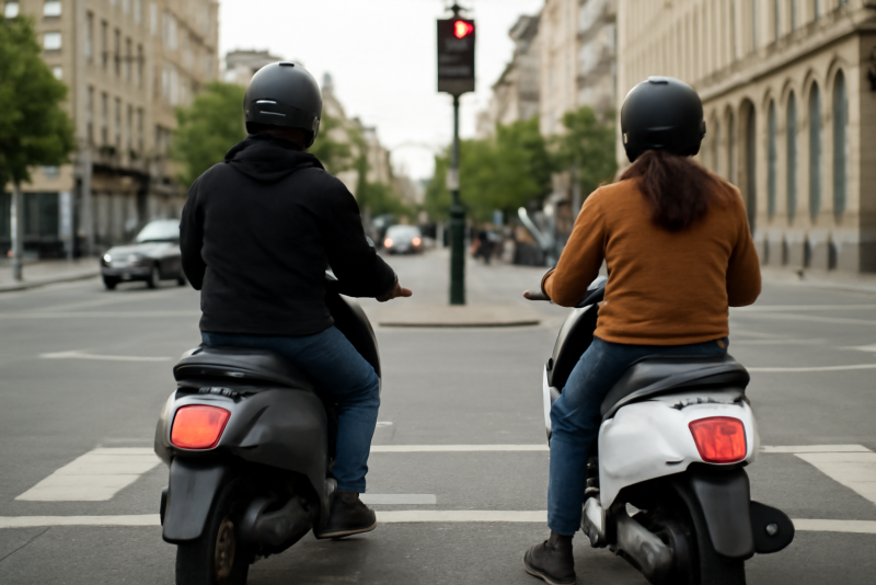 deux scooters en ville au feu