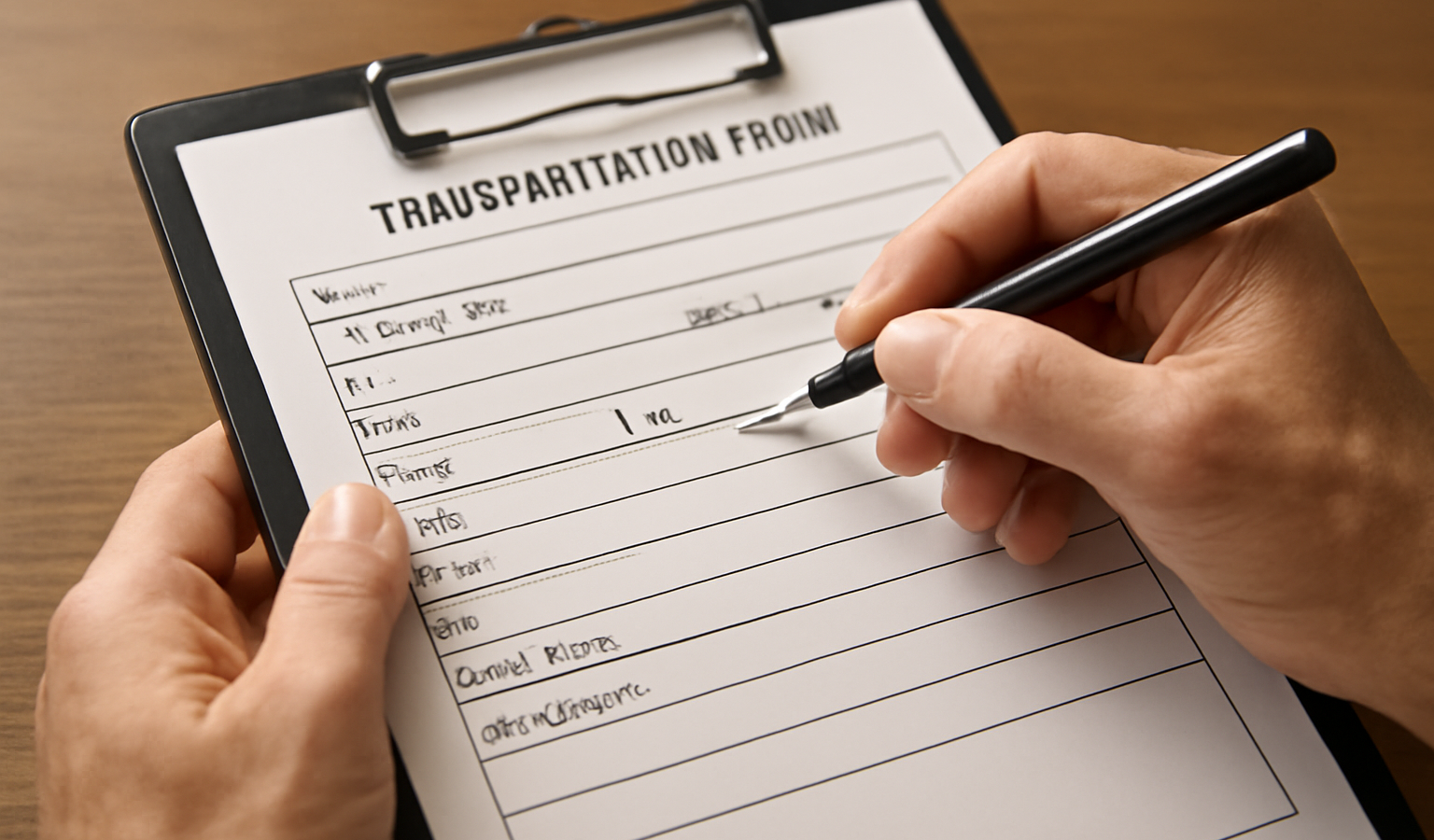 mains remplissant un formulaire de transport
