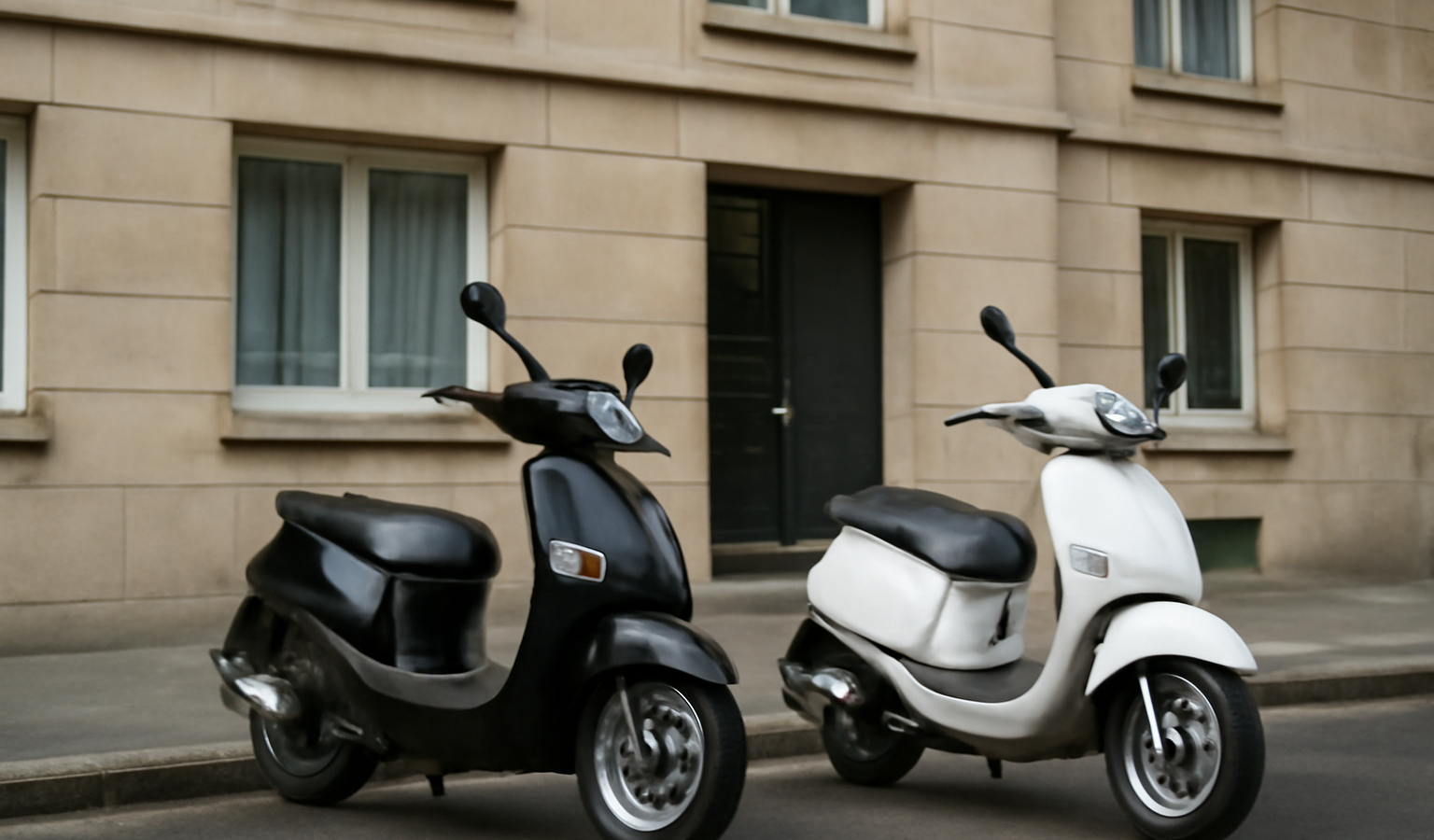 deux scooters gares devant un immeuble