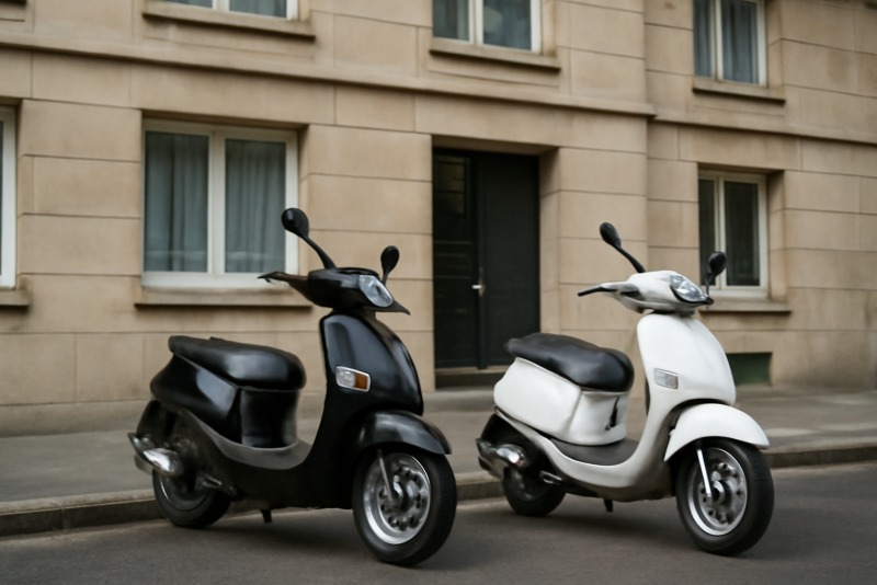 deux scooters gares devant un immeuble