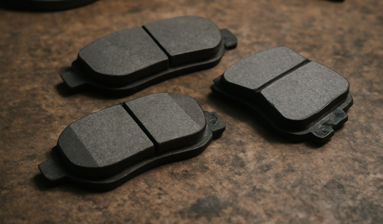 plaquettes de frein posées sur établi d'atelier