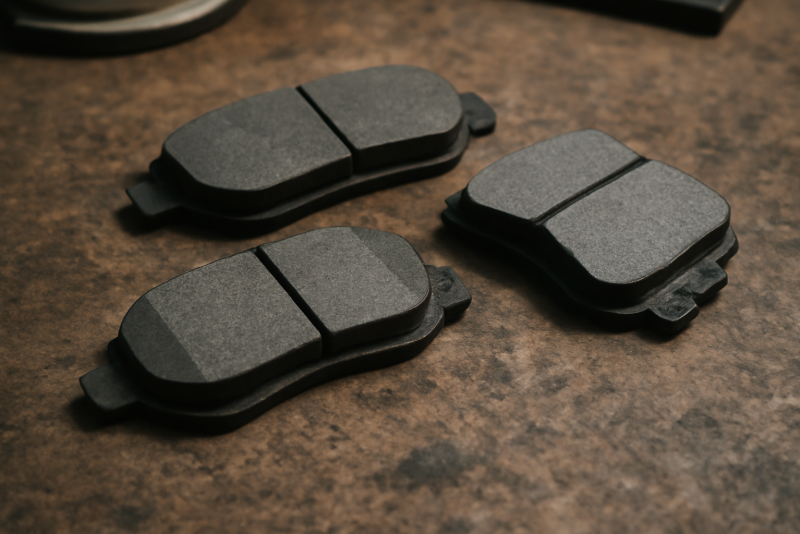 plaquettes de frein posées sur établi d'atelier