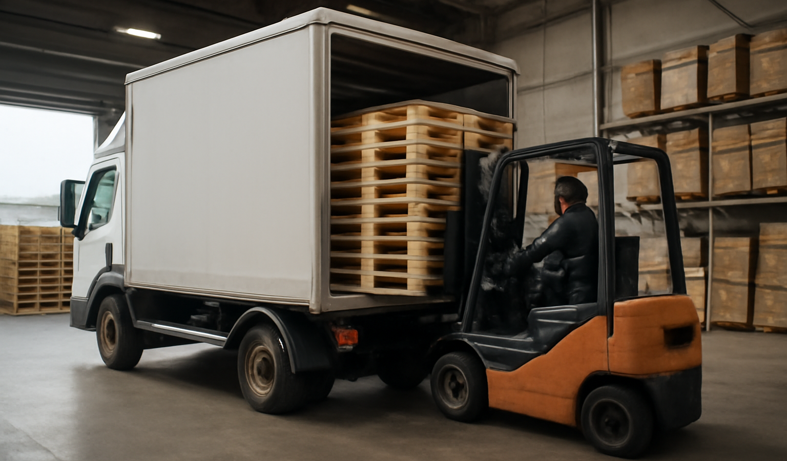 camion de livraison chargeant palettes en entrepot