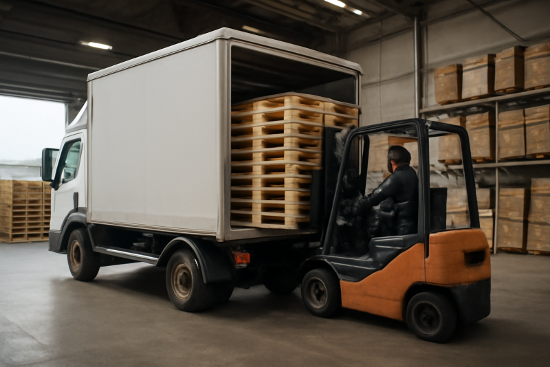 camion de livraison chargeant palettes en entrepot