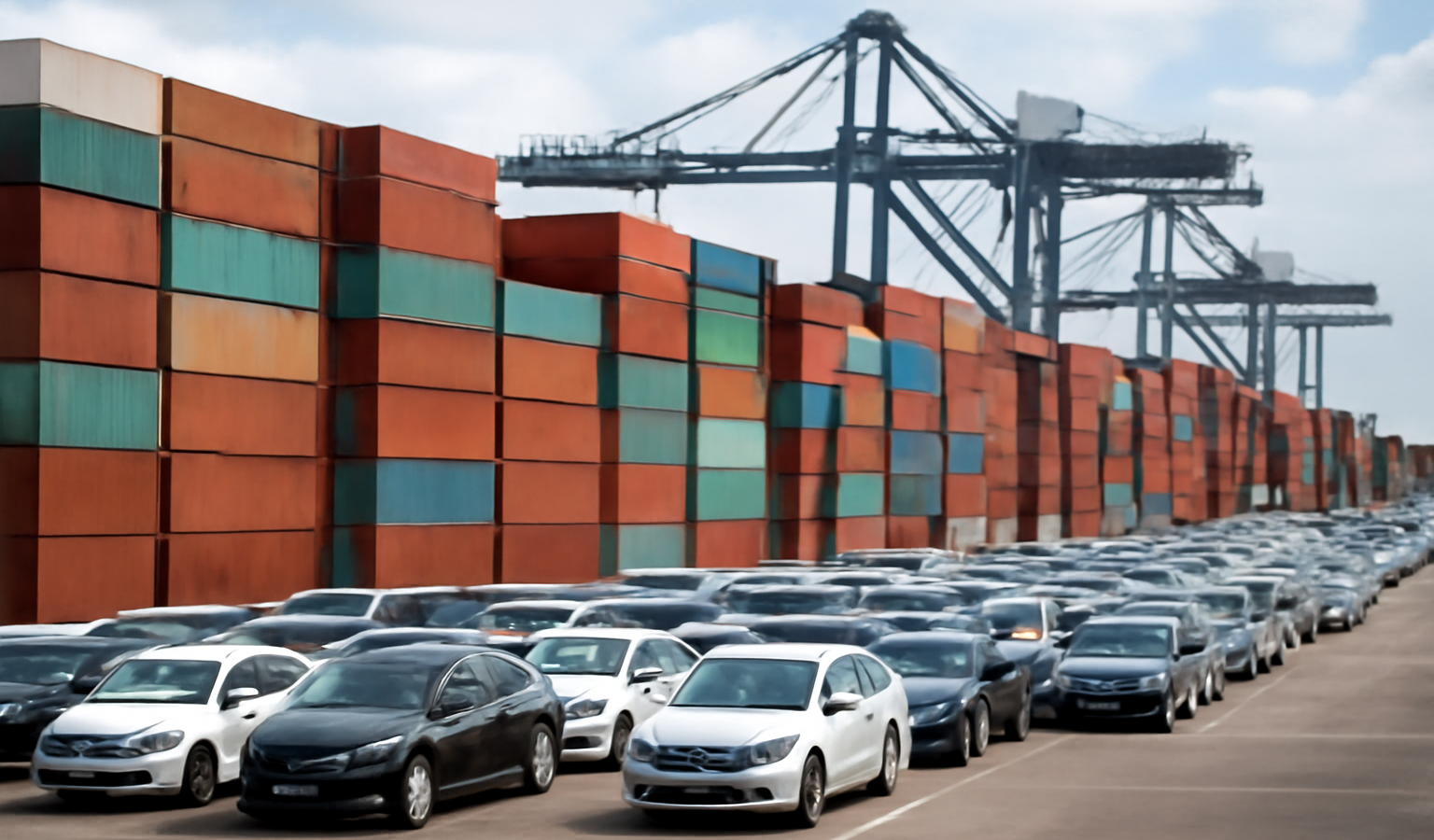 containers et voitures sur un terminal portuaire