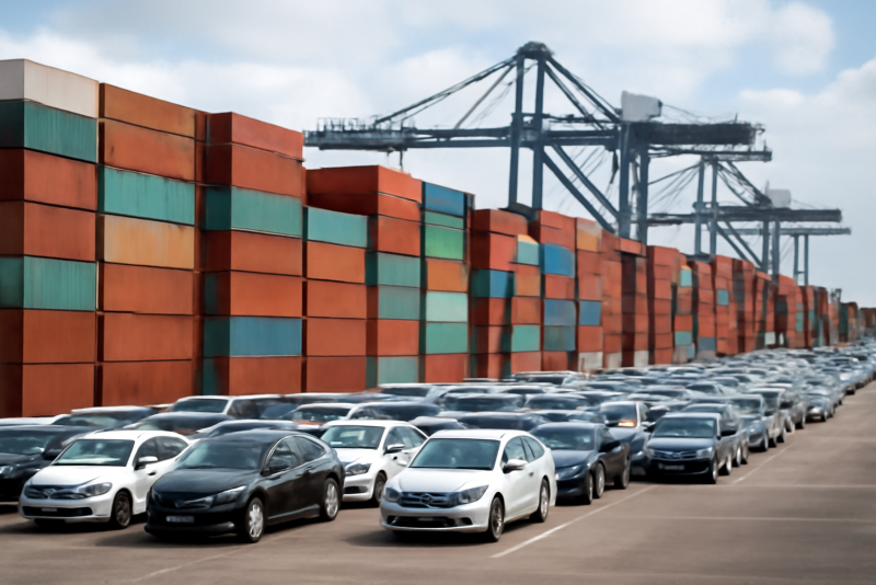 containers et voitures sur un terminal portuaire