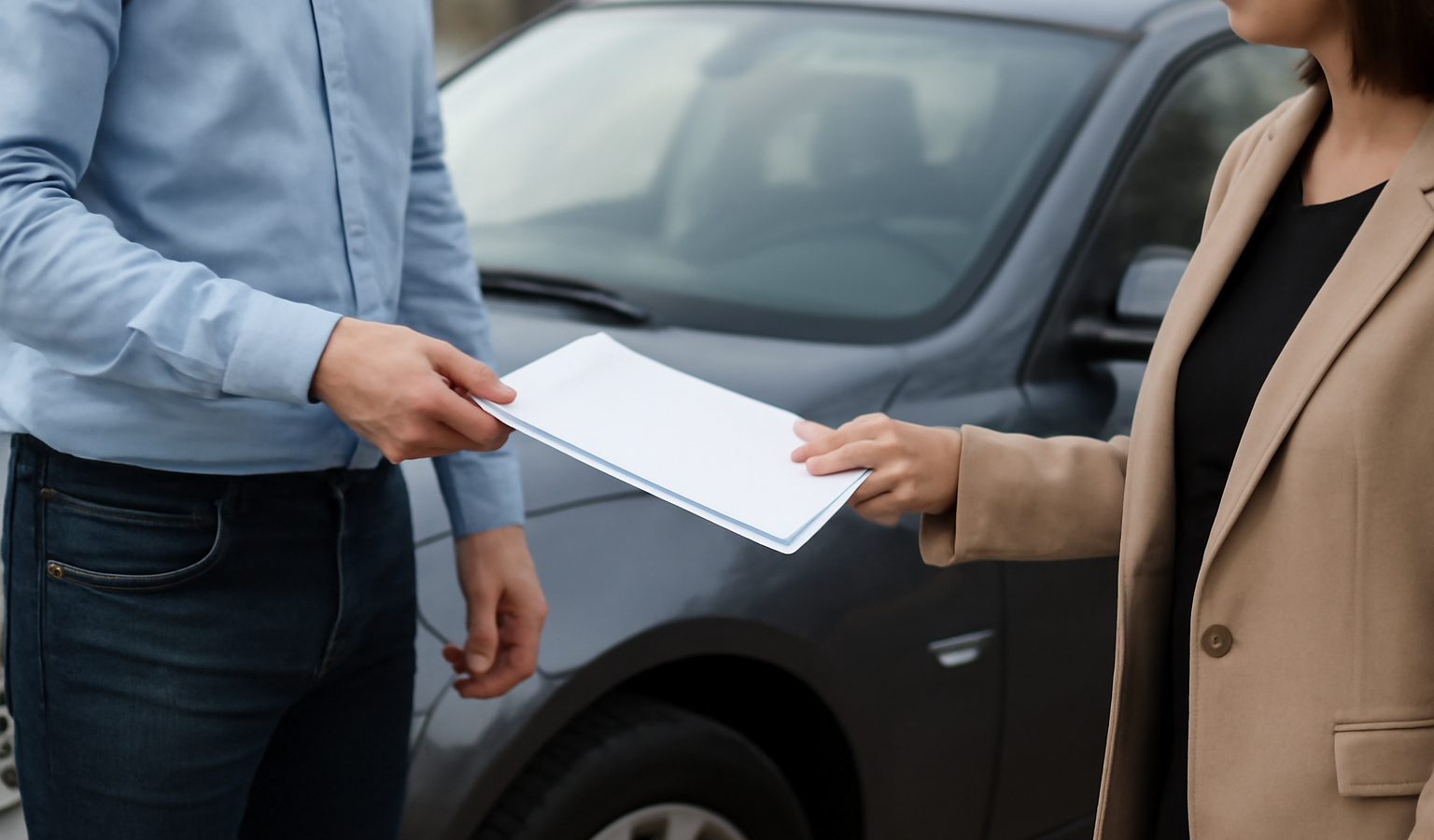 deux personnes echangent des papiers devant une voiture