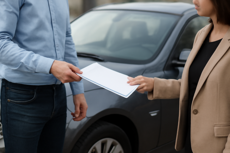 deux personnes echangent des papiers devant une voiture
