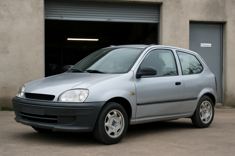 voiture compacte d'occasion devant garage