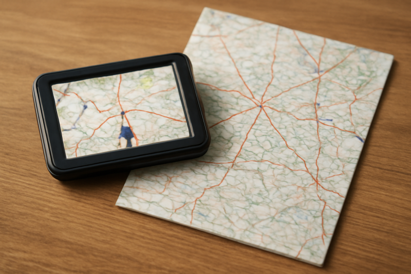 gps et feuille de route posés sur une table