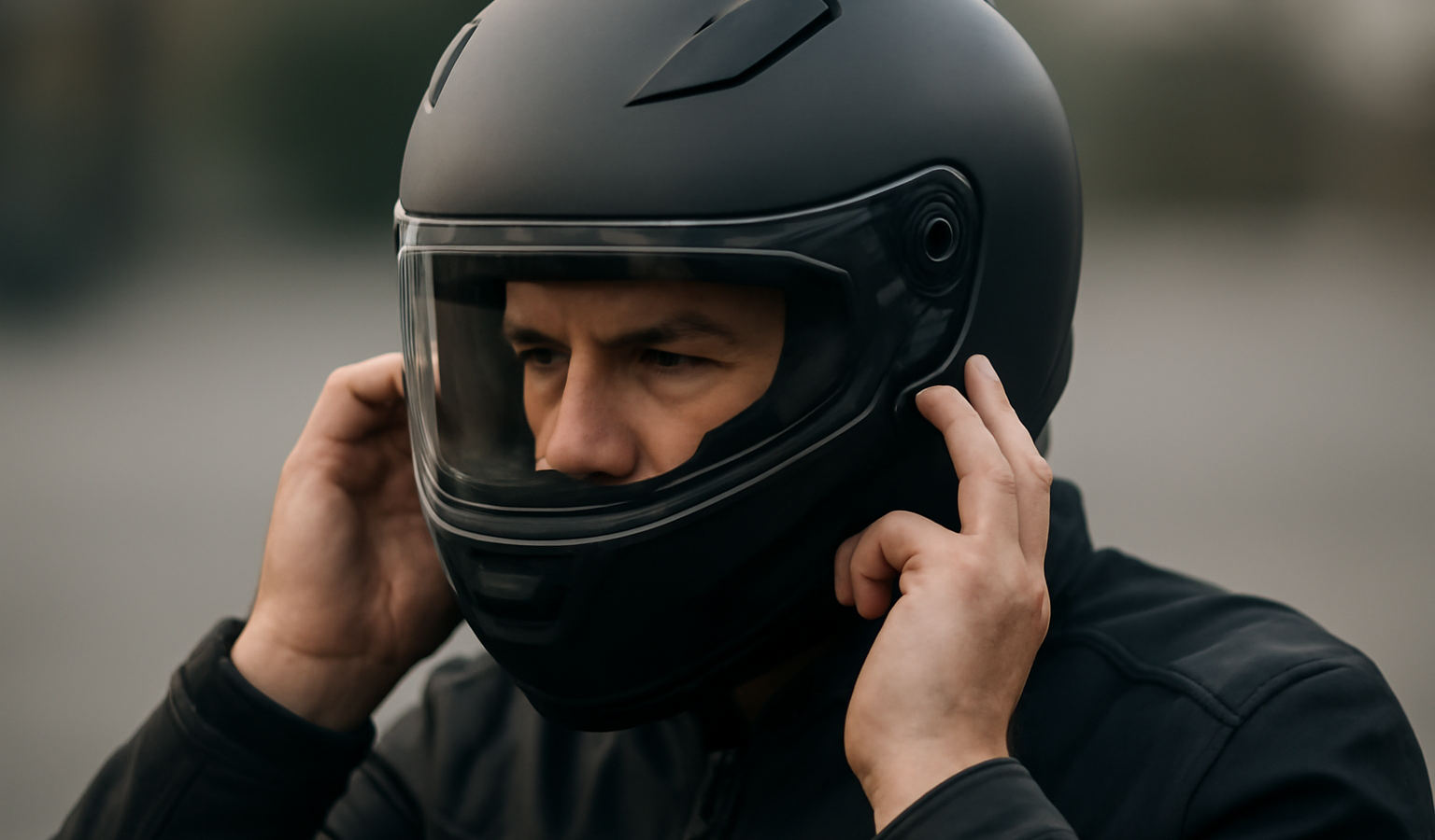 personne ajustant un casque integral
