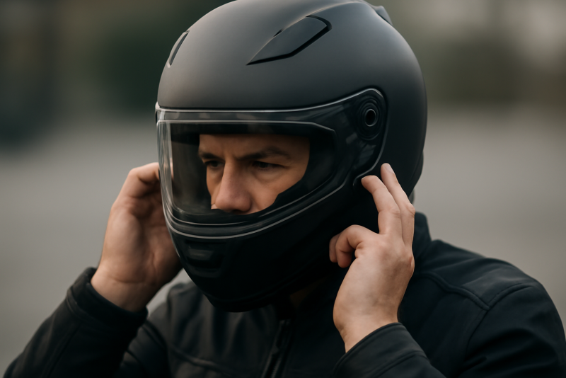personne ajustant un casque integral