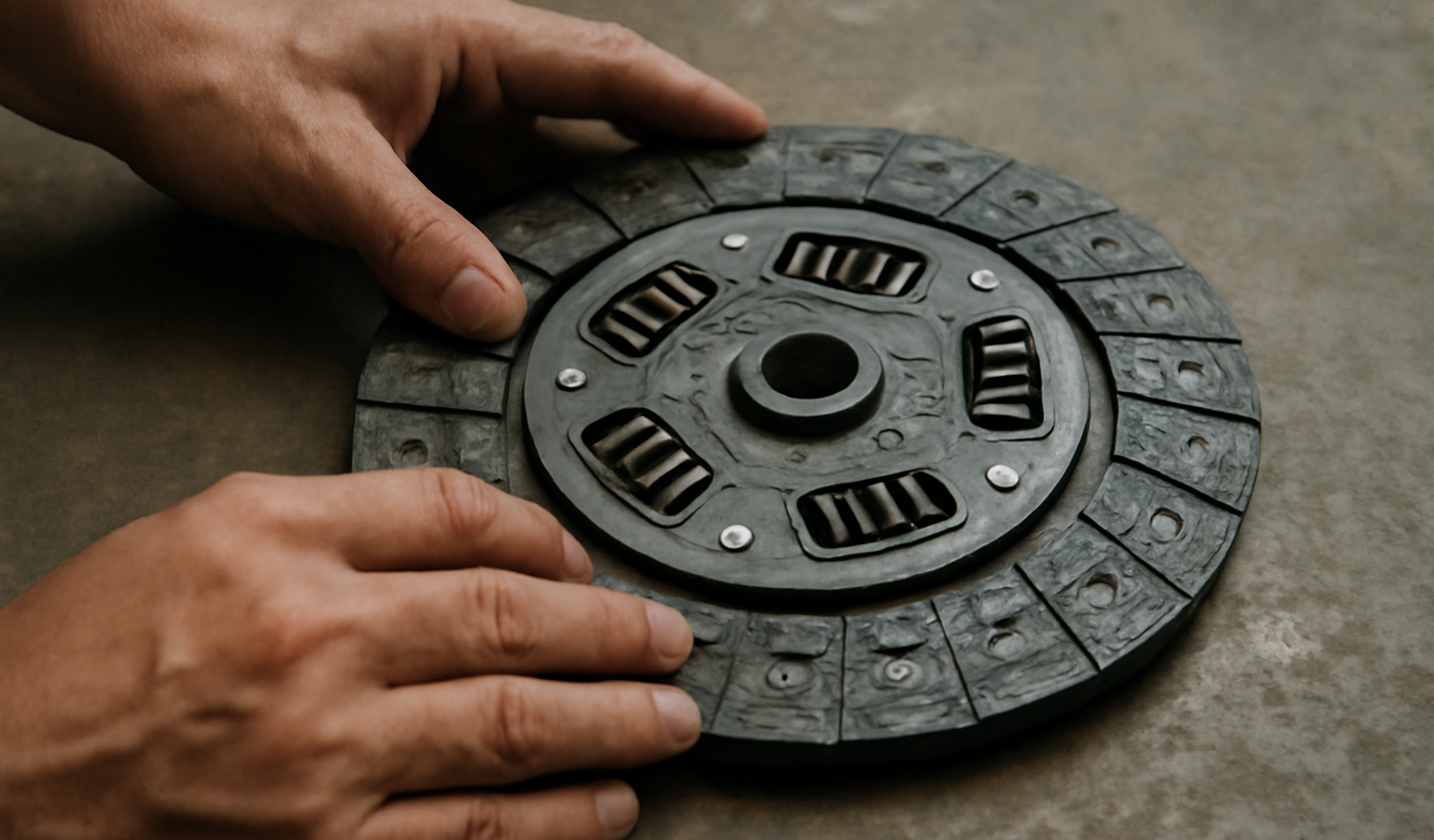 mains examinant disque d'embrayage posé