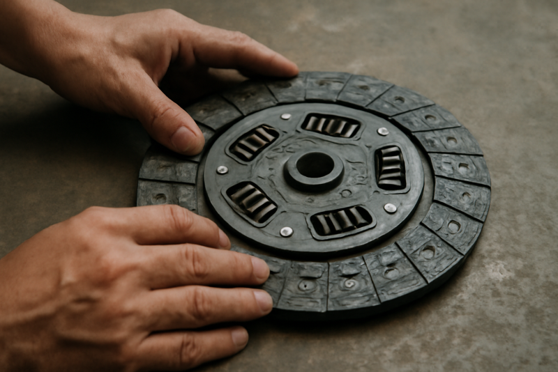 mains examinant disque d'embrayage posé