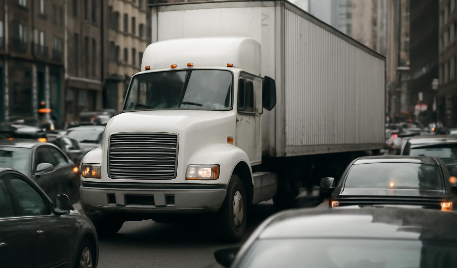 camion coincé dans embouteillage urbain