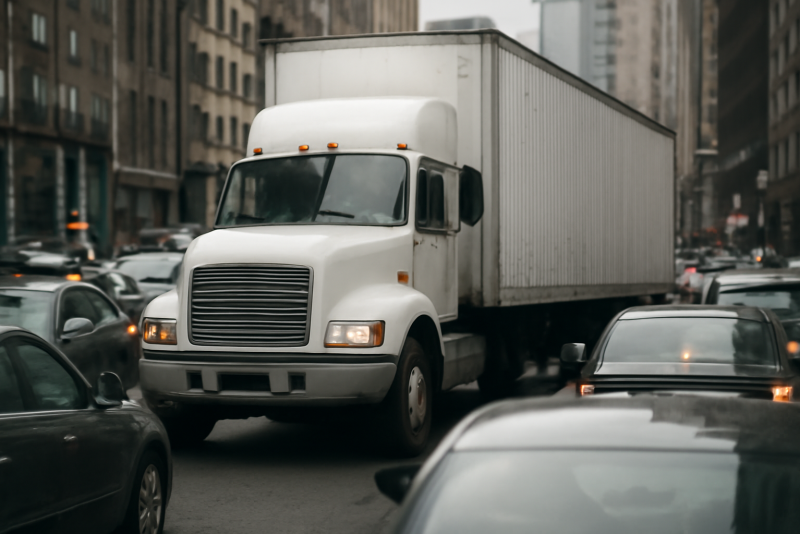 camion coincé dans embouteillage urbain
