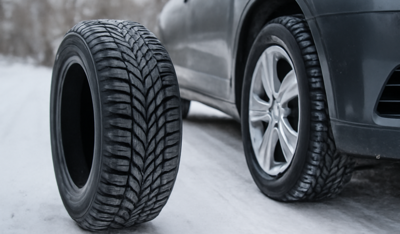 pneu hiver pose a cote du vehicule